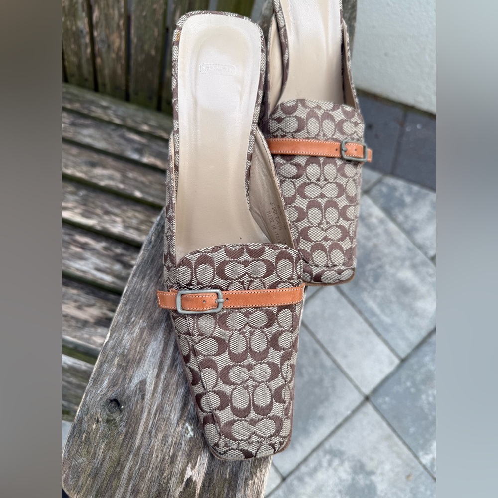 Coach Signature Logo Canvas Gwynne Mules Brown‎ Size 8.5 SEE PHOTOS B